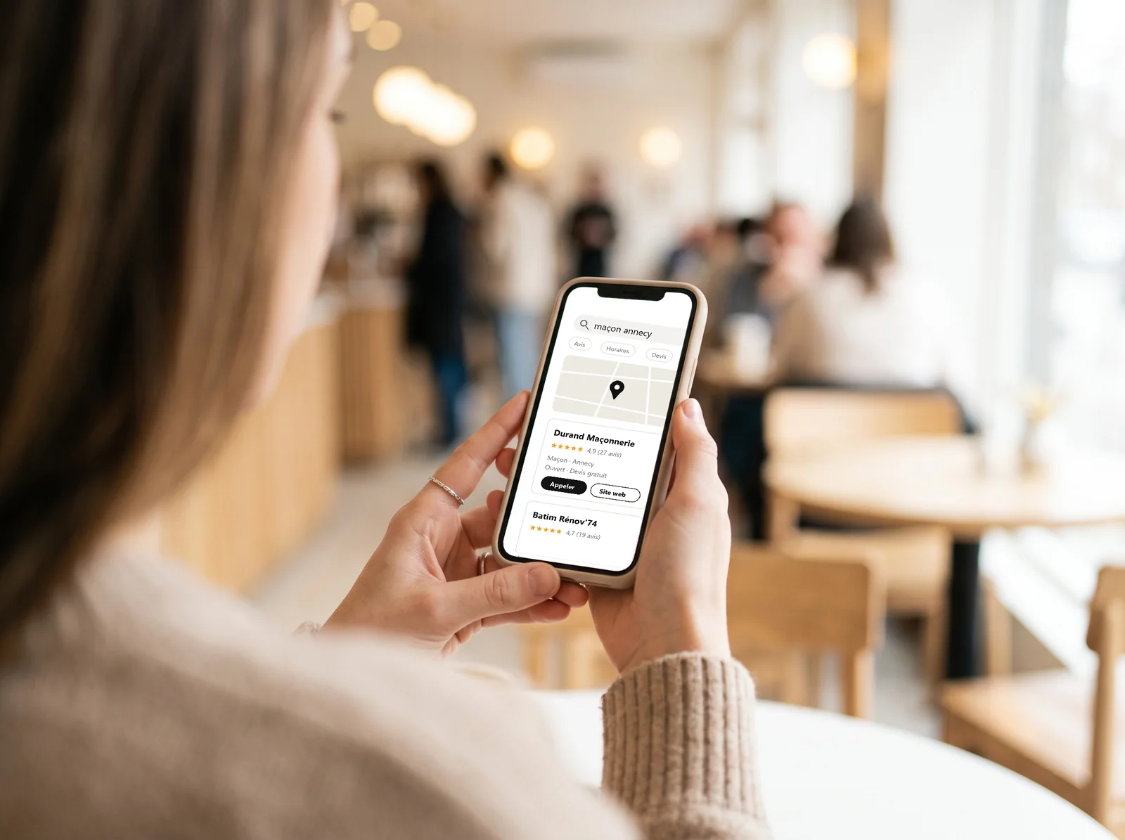 Une cliente cherche un professionnel sur son téléphone